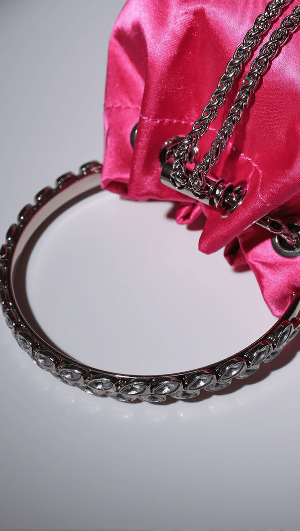 AIIZIE MATTEA SATIN CRYSTAL EMBELLISHED BUCKET BAG IN HOT PINK - product image
