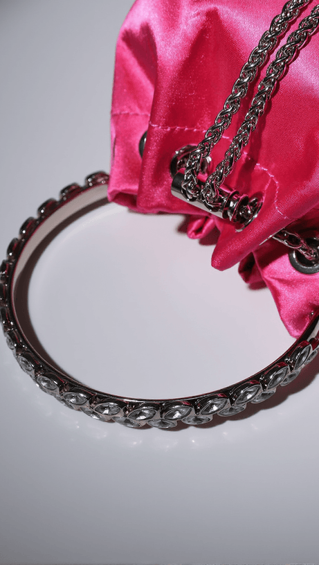 MATTEA SATIN CRYSTAL EMBELLISHED BUCKET BAG IN HOT PINK