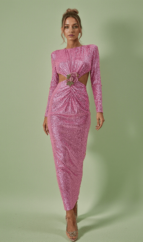 Aviva Long Sleeve Cutout Sequin Maxi Dress In Pink