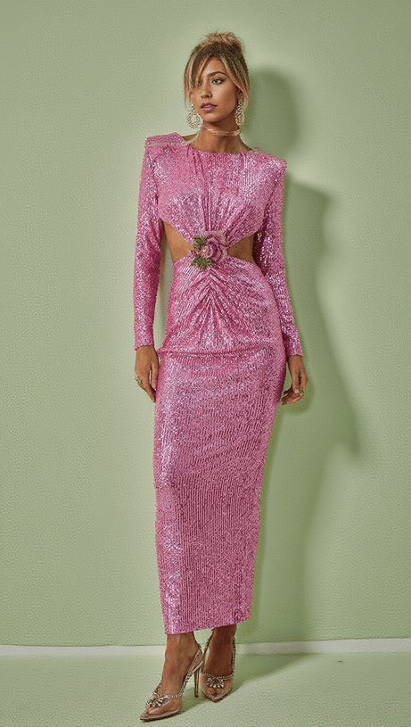 ABITO LUNGO AVIVA A MANICHE LUNGHE CON PAILLETTES E TAGLIO ROSA