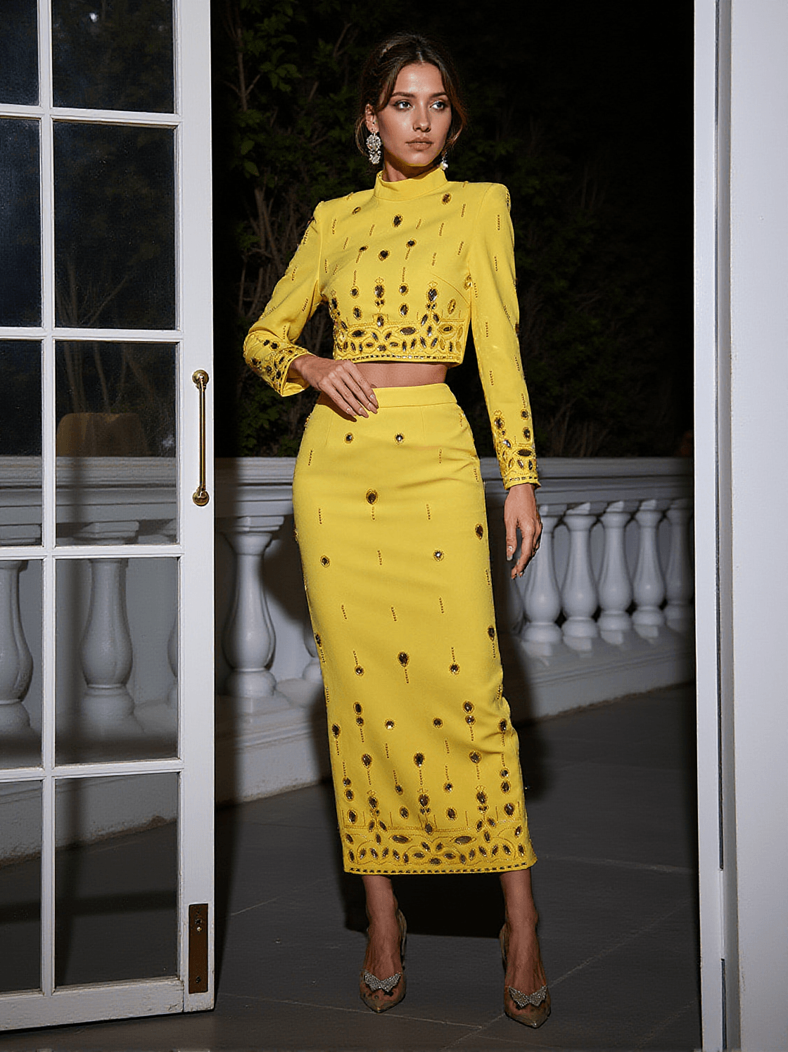 VALLEA LONG SLEEVE PEARL RHINESTONE SKIRT SET