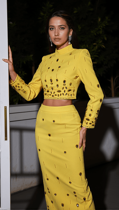 VALLEA LONG SLEEVE PEARL RHINESTONE SKIRT SET