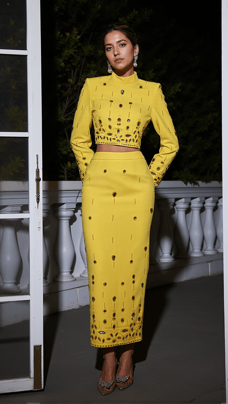 VALLEA LONG SLEEVE PEARL RHINESTONE SKIRT SET