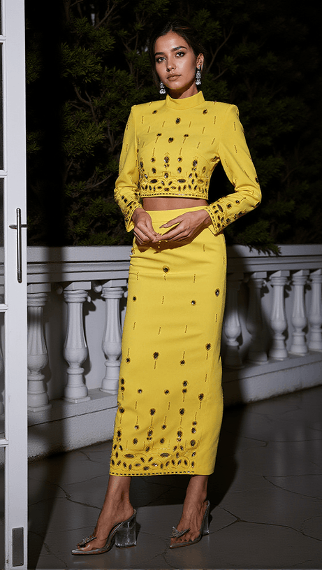 VALLEA LONG SLEEVE PEARL RHINESTONE SKIRT SET