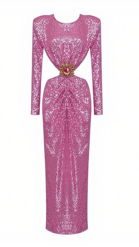 ABITO LUNGO AVIVA A MANICHE LUNGHE CON PAILLETTES E TAGLIO ROSA