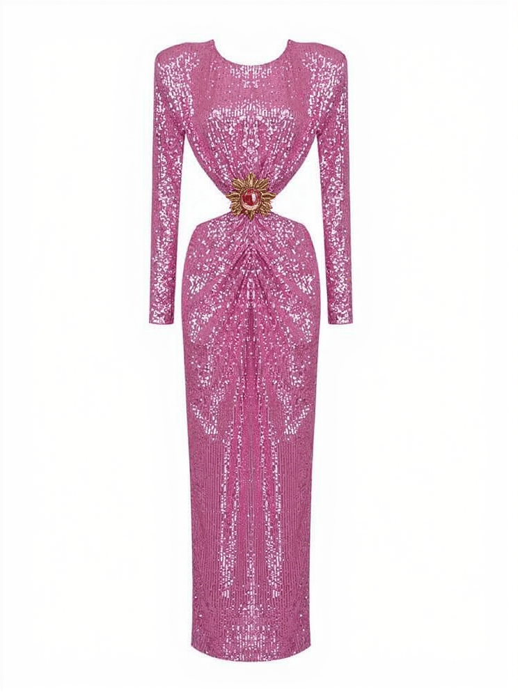 AIIZIE AVIVA LONG SLEEVE CUTOUT SEQUIN MAXI DRESS IN PINK - product image