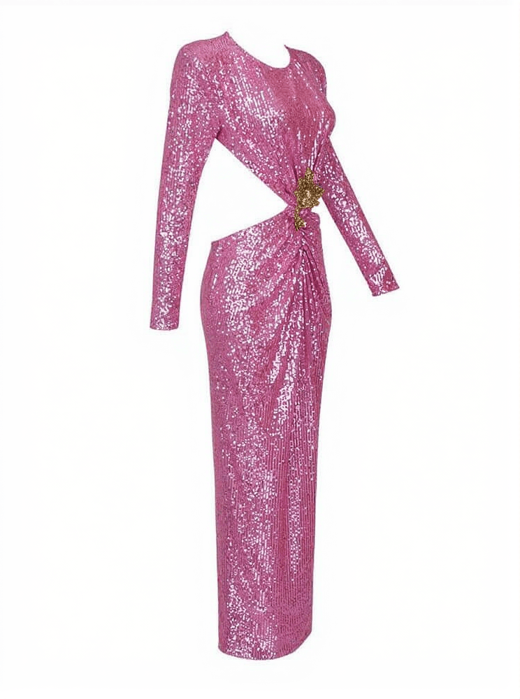 AIIZIE AVIVA LONG SLEEVE CUTOUT SEQUIN MAXI DRESS IN PINK - product image