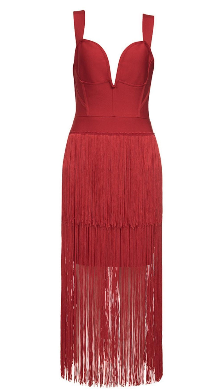 MAXIKLEID MIT QUASTEN IN ROT