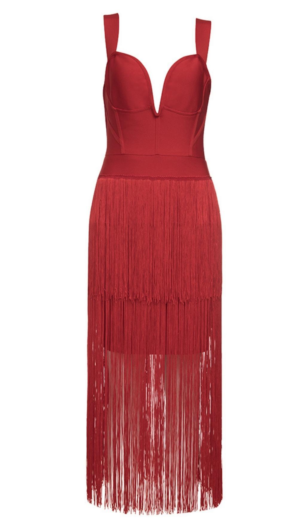 MAXIKLEID MIT QUASTEN IN ROT