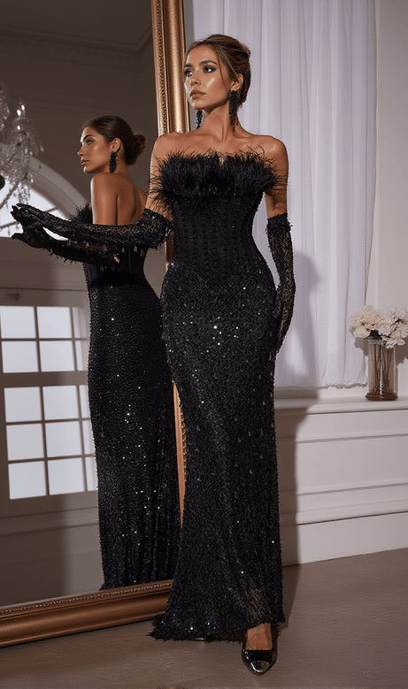 Abito lungo con corsetto, piume e paillettes Inaki con guanti