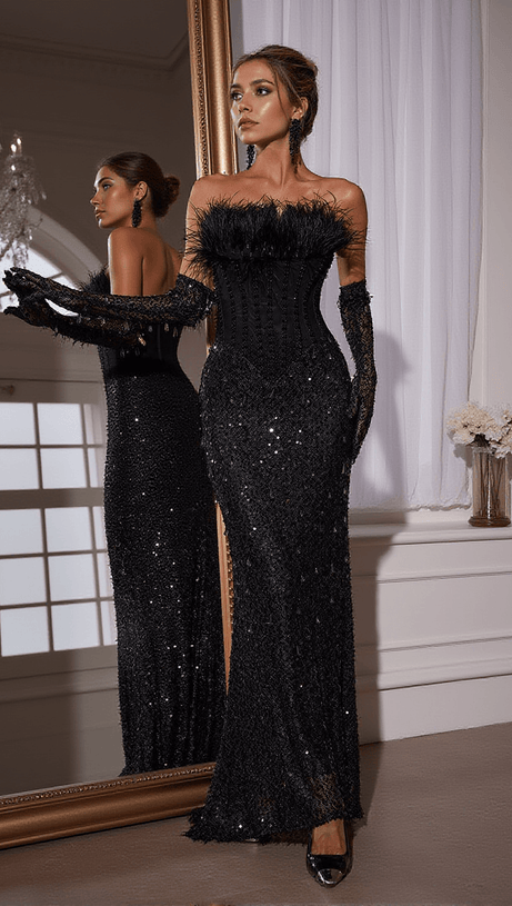 INAKI CORSET FEATHER SEQUIN MAXI DRESS WITH GLOVES