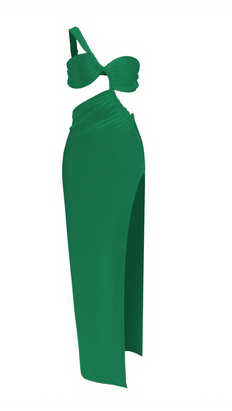 Berenice – Grünes Maxikleid mit One-Shoulder-Träger und Cut-Outs