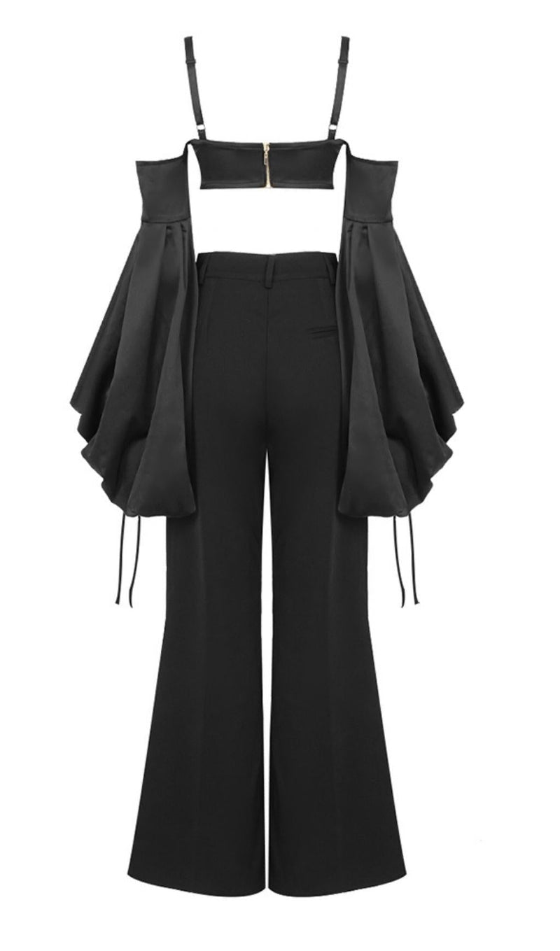 BUBBLE SLEEVE TWO PIECE SUIT IN BLACK