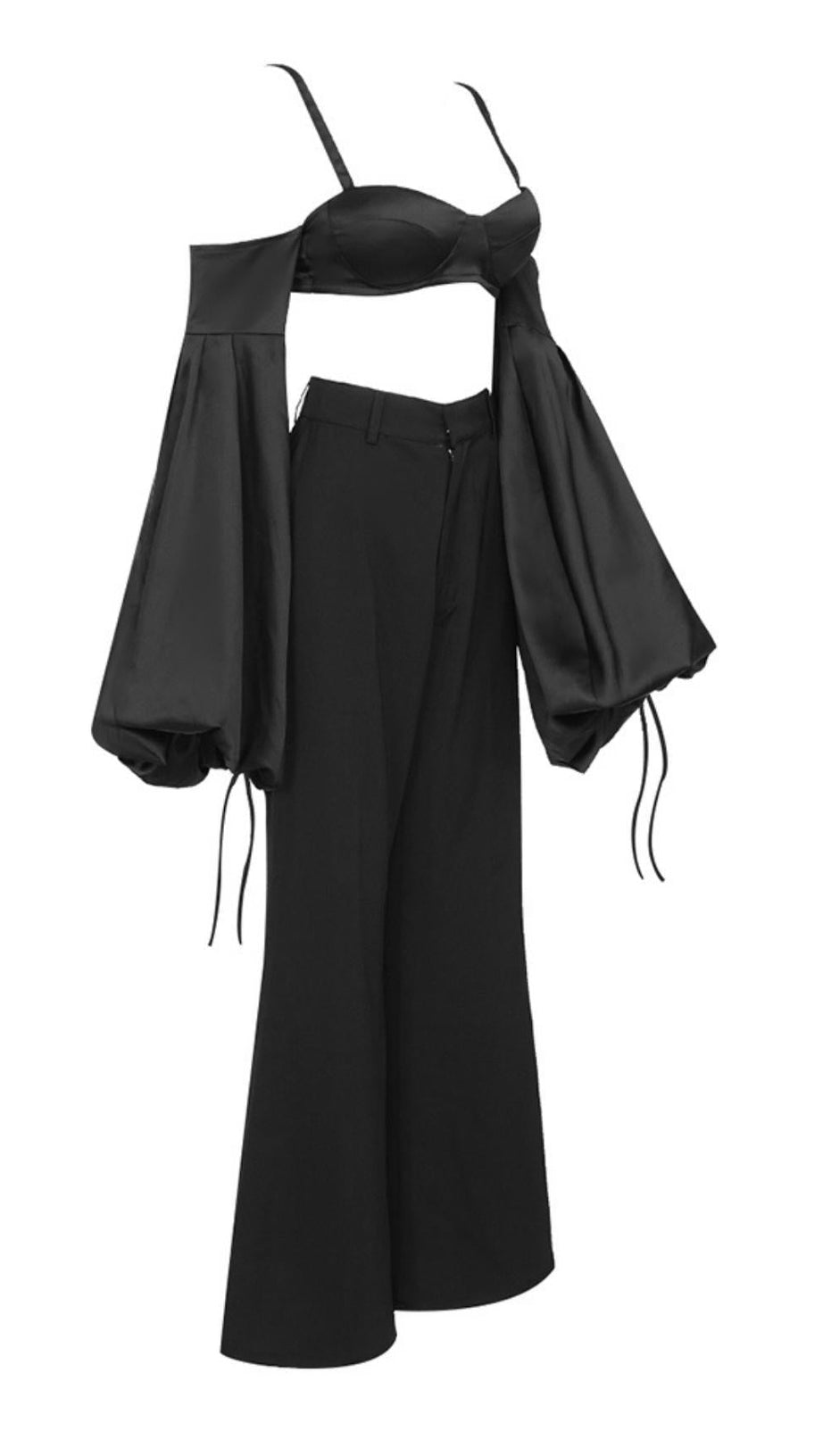 BUBBLE SLEEVE TWO PIECE SUIT IN BLACK