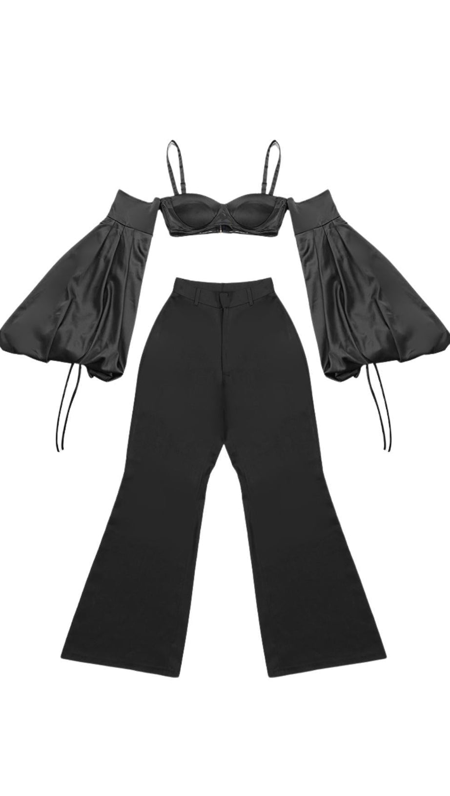 BUBBLE SLEEVE TWO PIECE SUIT IN BLACK