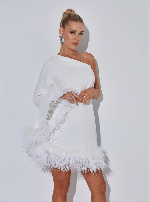 Ceridwen One Shoulder Feather Mini Dress In White