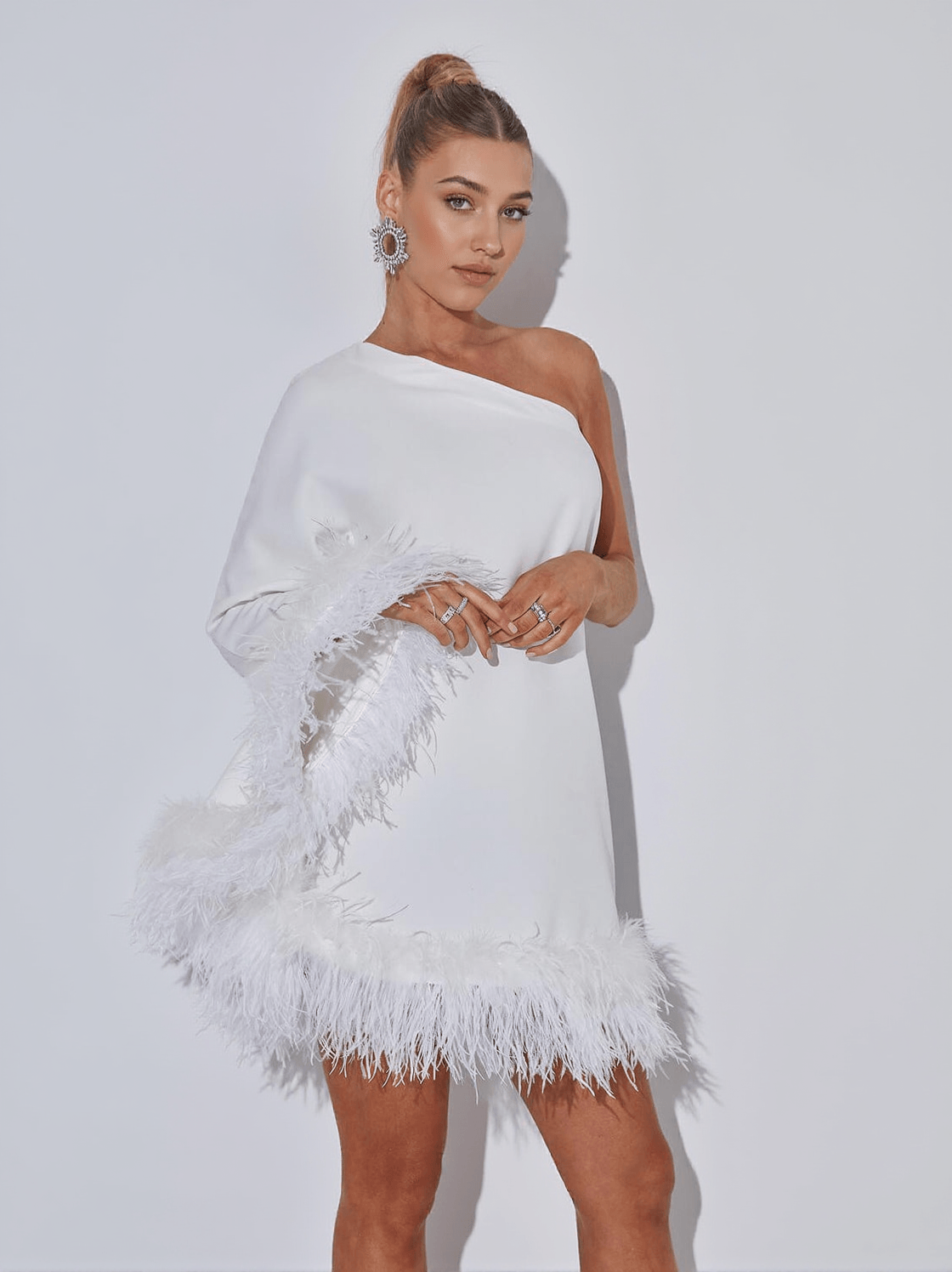 CERIDWEN ONE SHOULDER FEATHER MINI DRESS IN WHITE