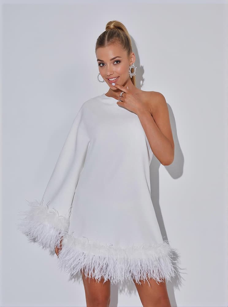 Ceridwen One Shoulder Feather Mini Dress In White