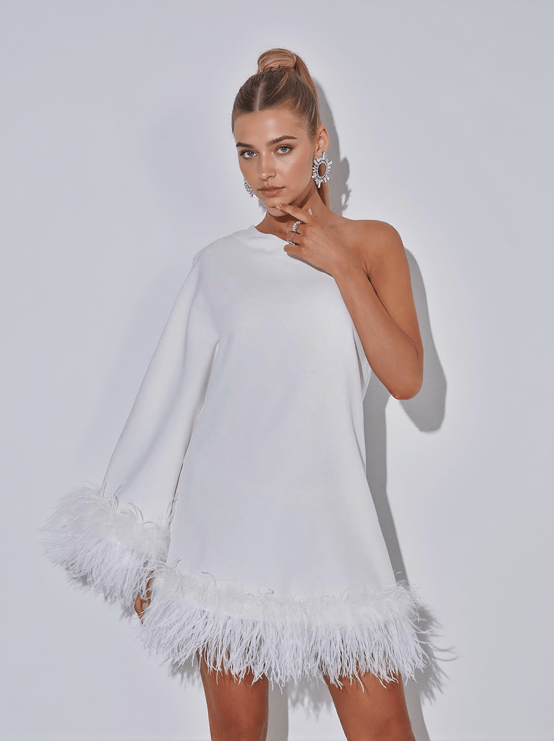 CERIDWEN ONE SHOULDER FEATHER MINI DRESS IN WHITE