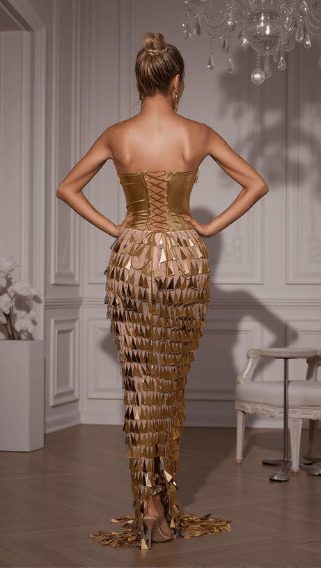 BUCK CORSET ACRYLIC FRINGE MAXI DRESS