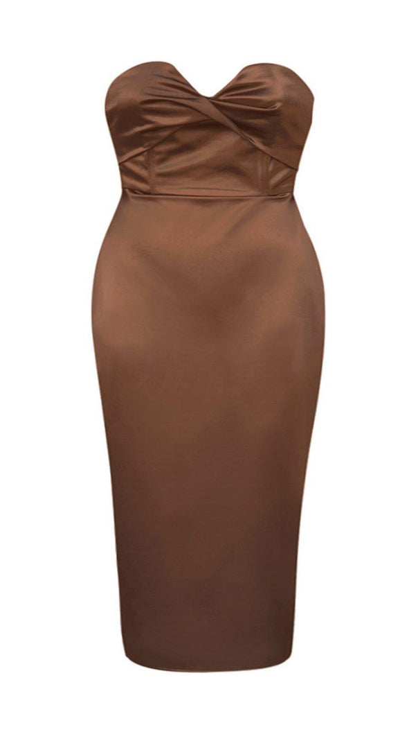 AIIZIE CARAMEL COLOUR STRAPLESS BACKLESS PLEATED HIP-HUGGING SILK MIDI DRESS - product image