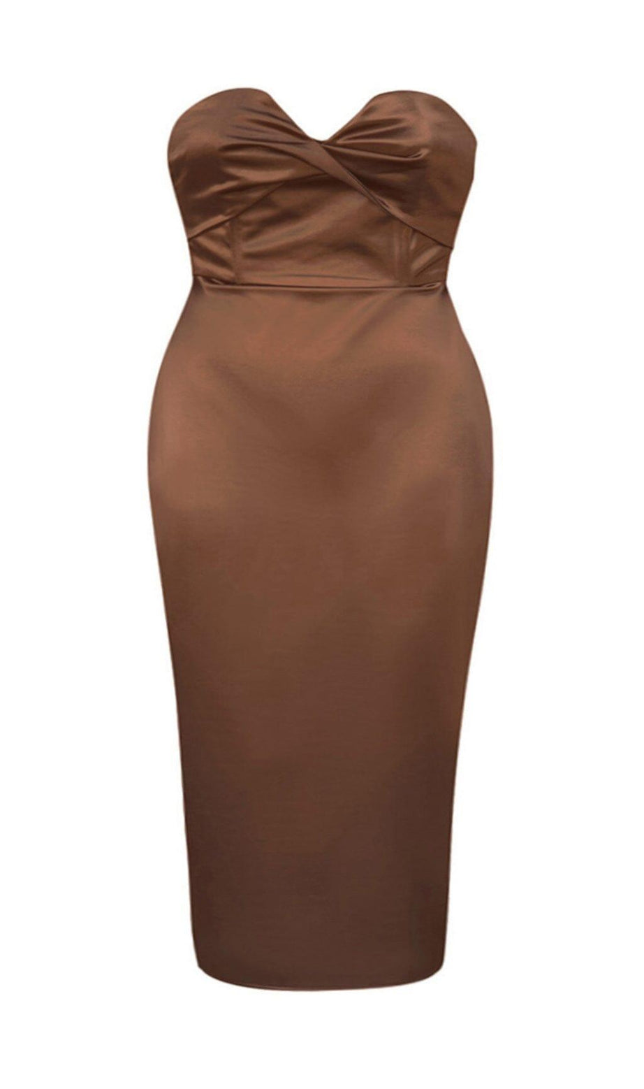 CARAMEL COLOUR STRAPLESS BACKLESS PLEATED HIP-HUGGING SILK MIDI DRESS