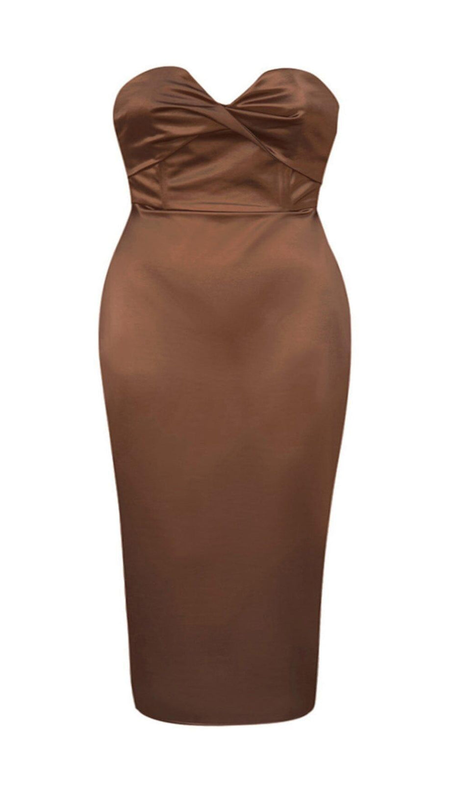 CARAMEL COLOUR STRAPLESS BACKLESS PLEATED HIP-HUGGING SILK MIDI DRESS