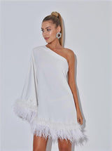 Ceridwen One Shoulder Feather Mini Dress In White