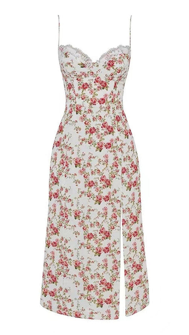 ABITO MIDI CON STAMPA ROSE IN BIANCO