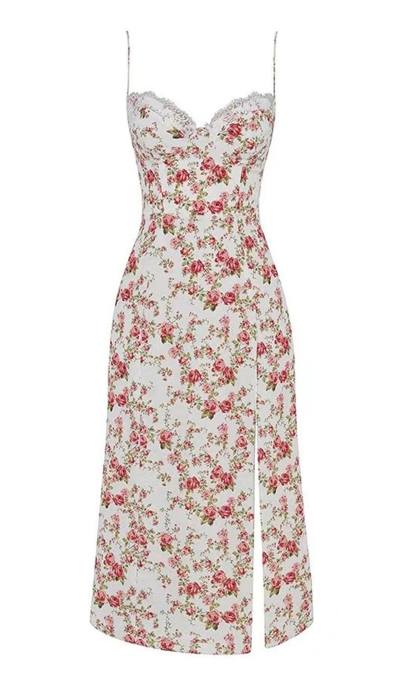 ROSE PRINT MIDI DRESS IN WHITE