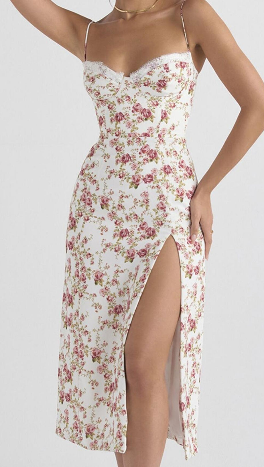 ROSE PRINT MIDI DRESS IN WHITE