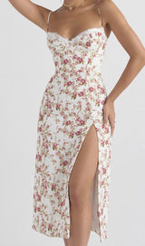 ROSE PRINT MIDI DRESS IN WHITE