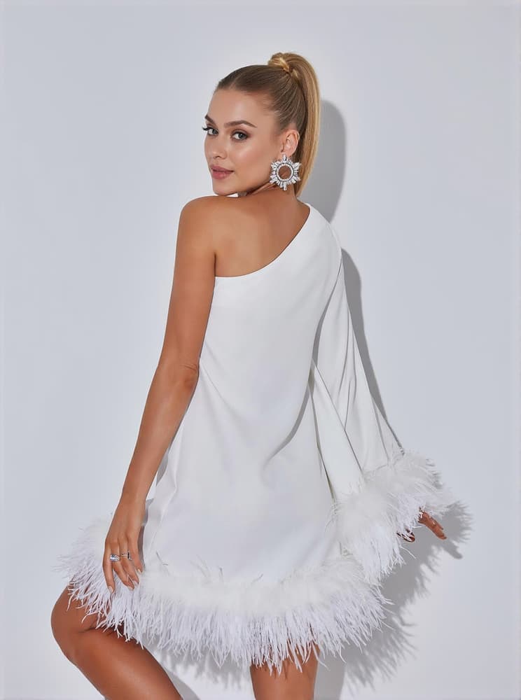 Ceridwen One Shoulder Feather Mini Dress In White