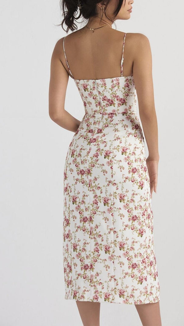 ABITO MIDI CON STAMPA ROSE IN BIANCO