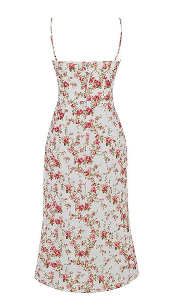 ABITO MIDI CON STAMPA ROSE IN BIANCO