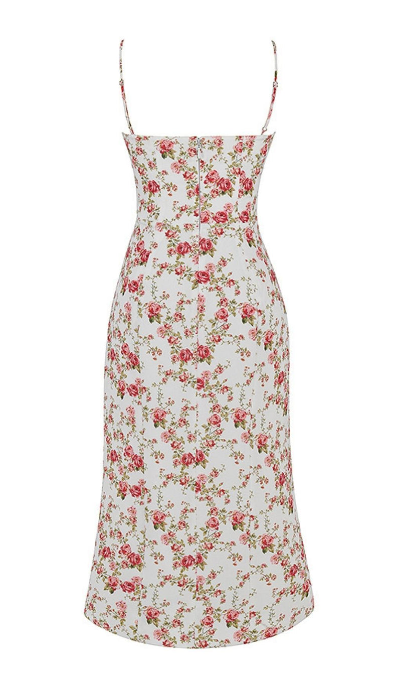 ROSE PRINT MIDI DRESS IN WHITE