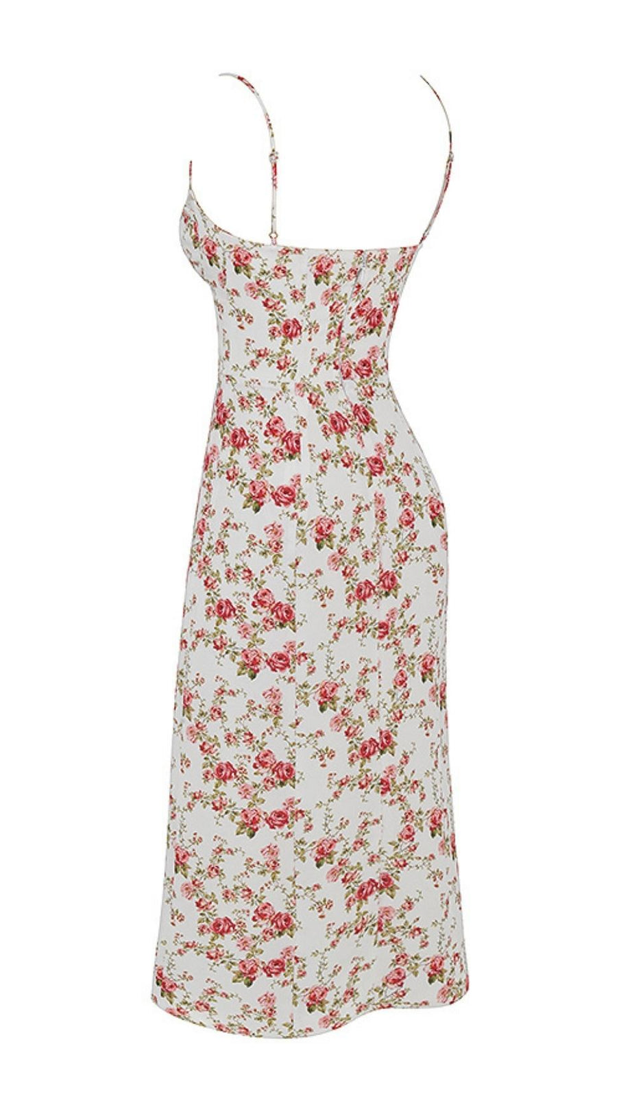 ROSE PRINT MIDI DRESS IN WHITE