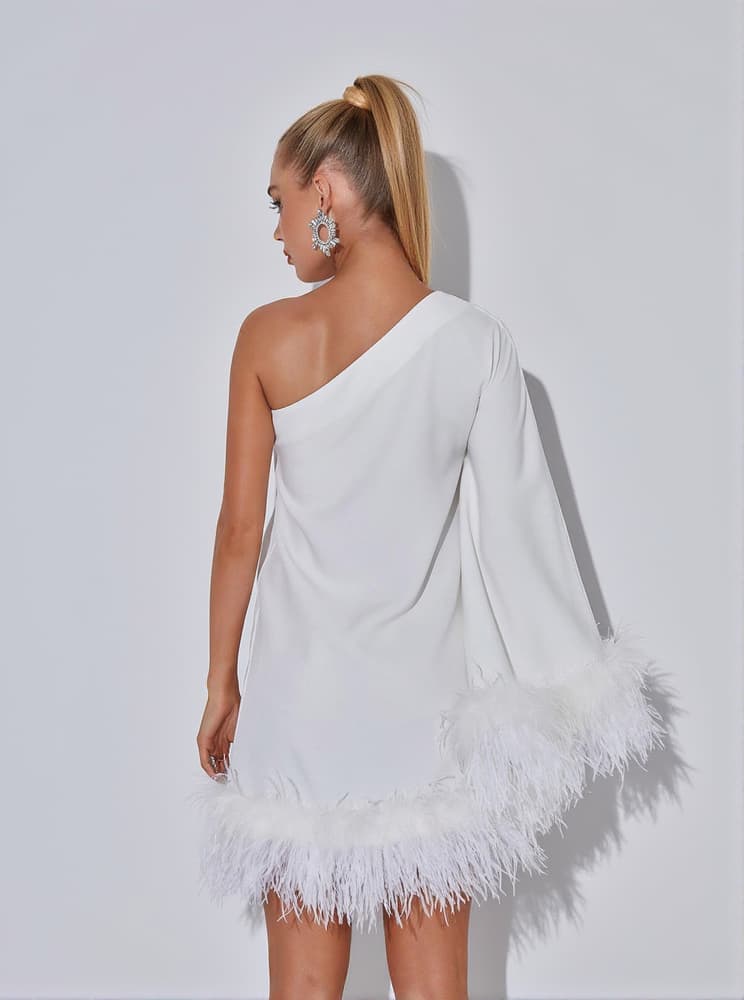 Ceridwen One Shoulder Feather Mini Dress In White