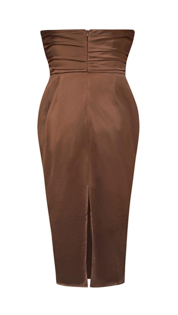 AIIZIE CARAMEL COLOUR STRAPLESS BACKLESS PLEATED HIP-HUGGING SILK MIDI DRESS - product image