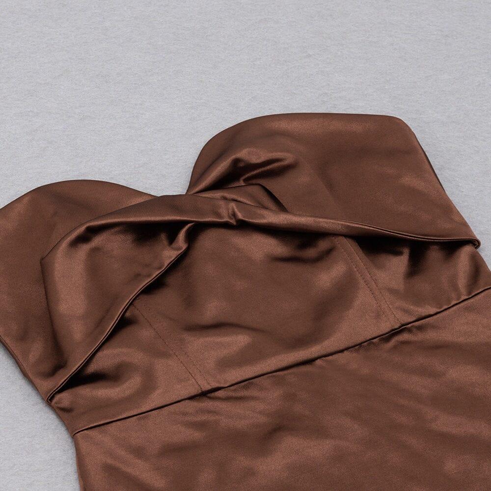 AIIZIE CARAMEL COLOUR STRAPLESS BACKLESS PLEATED HIP-HUGGING SILK MIDI DRESS - product image