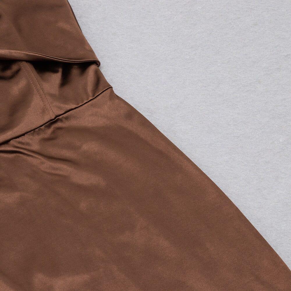 AIIZIE CARAMEL COLOUR STRAPLESS BACKLESS PLEATED HIP-HUGGING SILK MIDI DRESS - product image