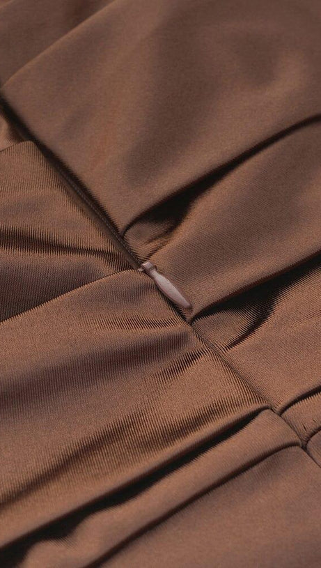 CARAMEL COLOUR STRAPLESS BACKLESS PLEATED HIP-HUGGING SILK MIDI DRESS