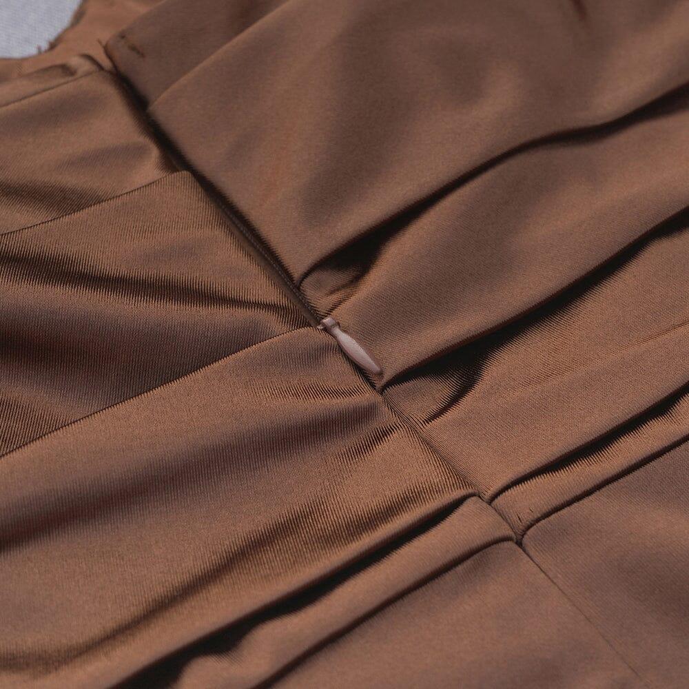 AIIZIE CARAMEL COLOUR STRAPLESS BACKLESS PLEATED HIP-HUGGING SILK MIDI DRESS - product image