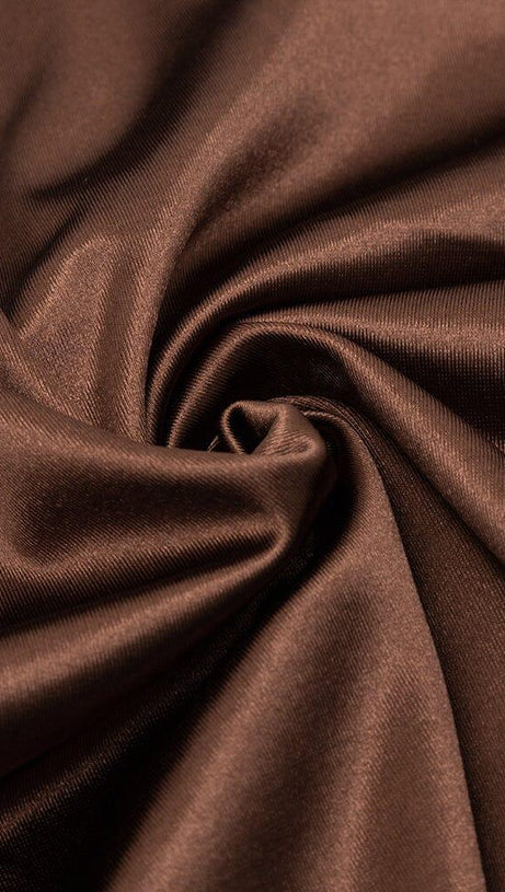 CARAMEL COLOUR STRAPLESS BACKLESS PLEATED HIP-HUGGING SILK MIDI DRESS