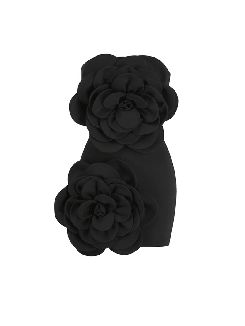 Anwen Strapless Flower Mini Dress In Black