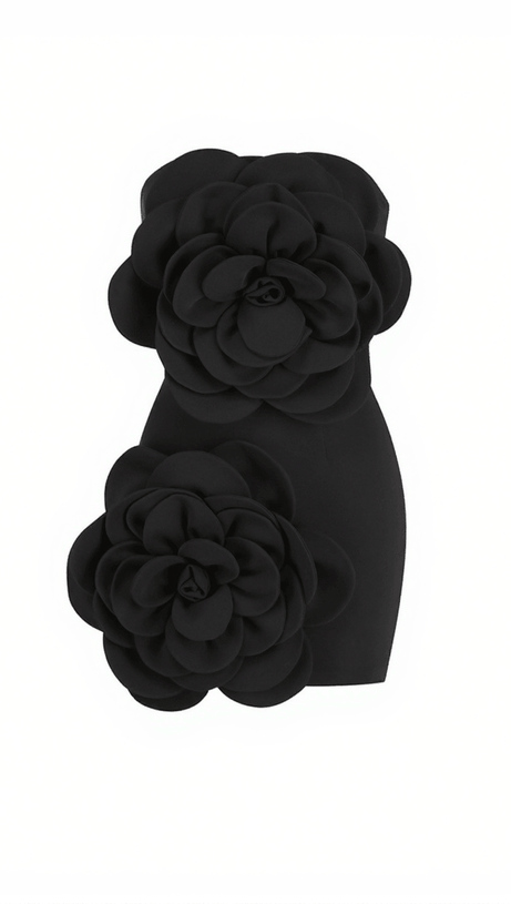 ANWEN MINI ABITO A FIORI SENZA SPALLINE NERO