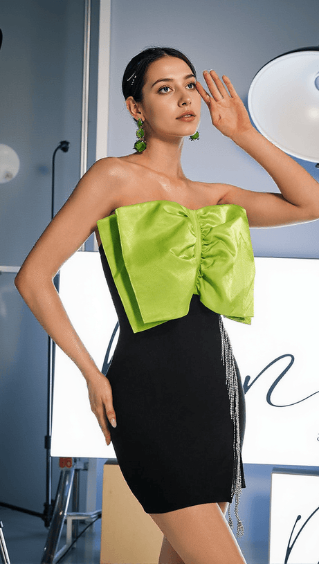 IDONY STRAPLESS BOW CRYSTAL FRINGE MINI DRESS