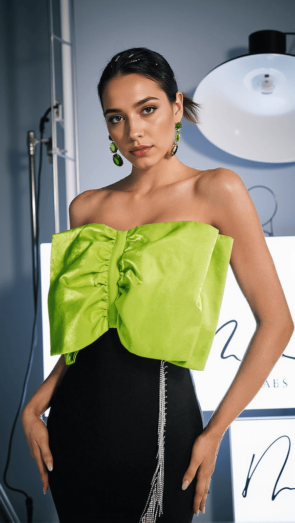 AIIZIE IDONY STRAPLESS BOW CRYSTAL FRINGE MINI DRESS - product image