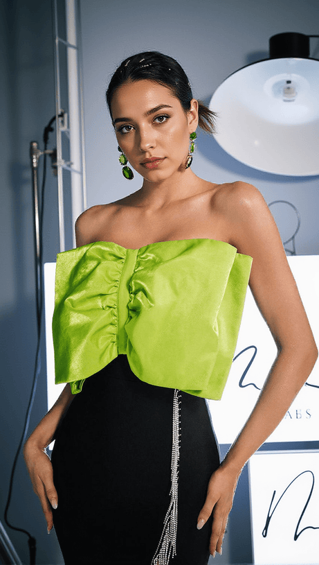 IDONY STRAPLESS BOW CRYSTAL FRINGE MINI DRESS