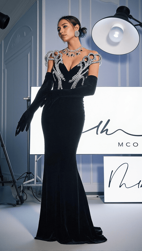 ZAMIR STRAPLESS CRYSTAL VELVET MERMAID DRESS WITH GLOVES
